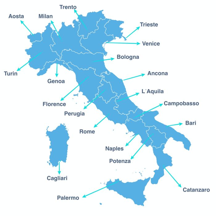 Blue vector map of Italy with administrative divisions